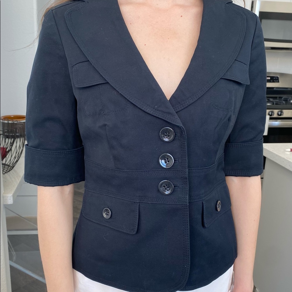 ANN TAYLOR Navy Blue Short Sleeve Button Front Blazer Suit Jacket